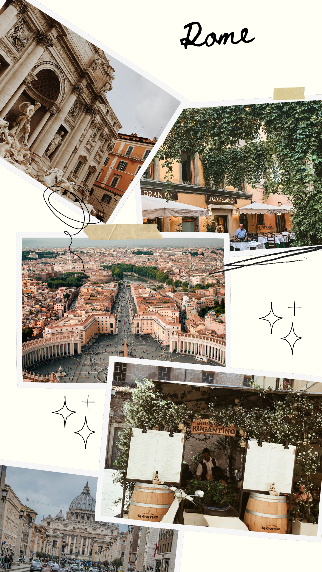 Rome photo collab about the Capital, Rome street, the Trevi Fountain and Italian restaurant.